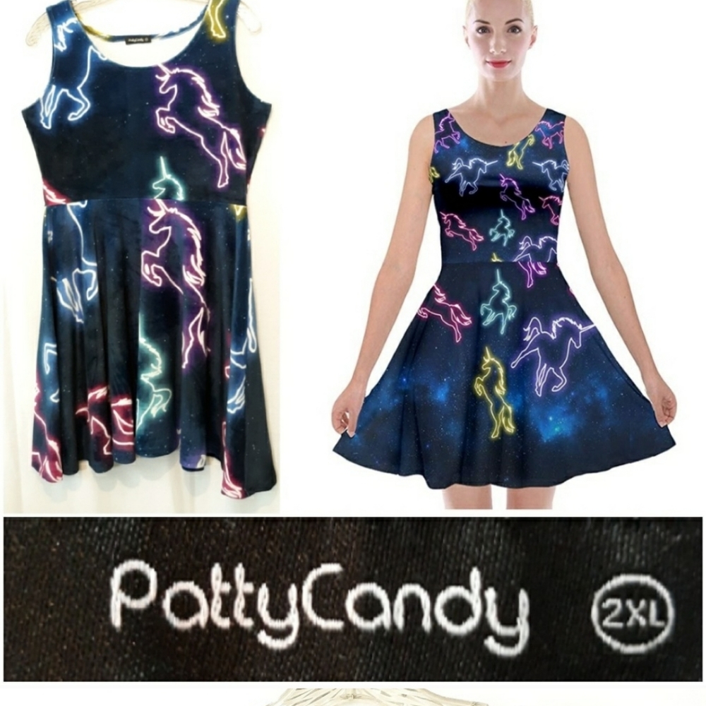 Patty Candy Unicorn Print Velvet Skater Dress